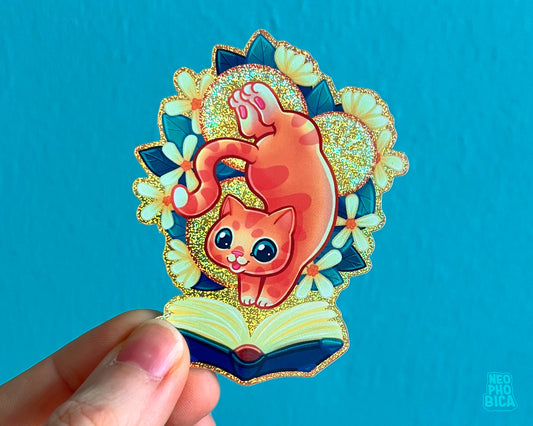 Orange Story-Diver Cat - Glitter Sticker