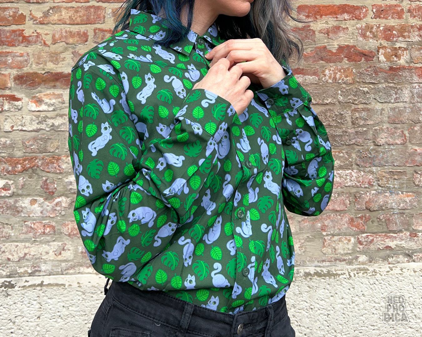 Monstera Blue - Button Up Shirt Long Sleeve