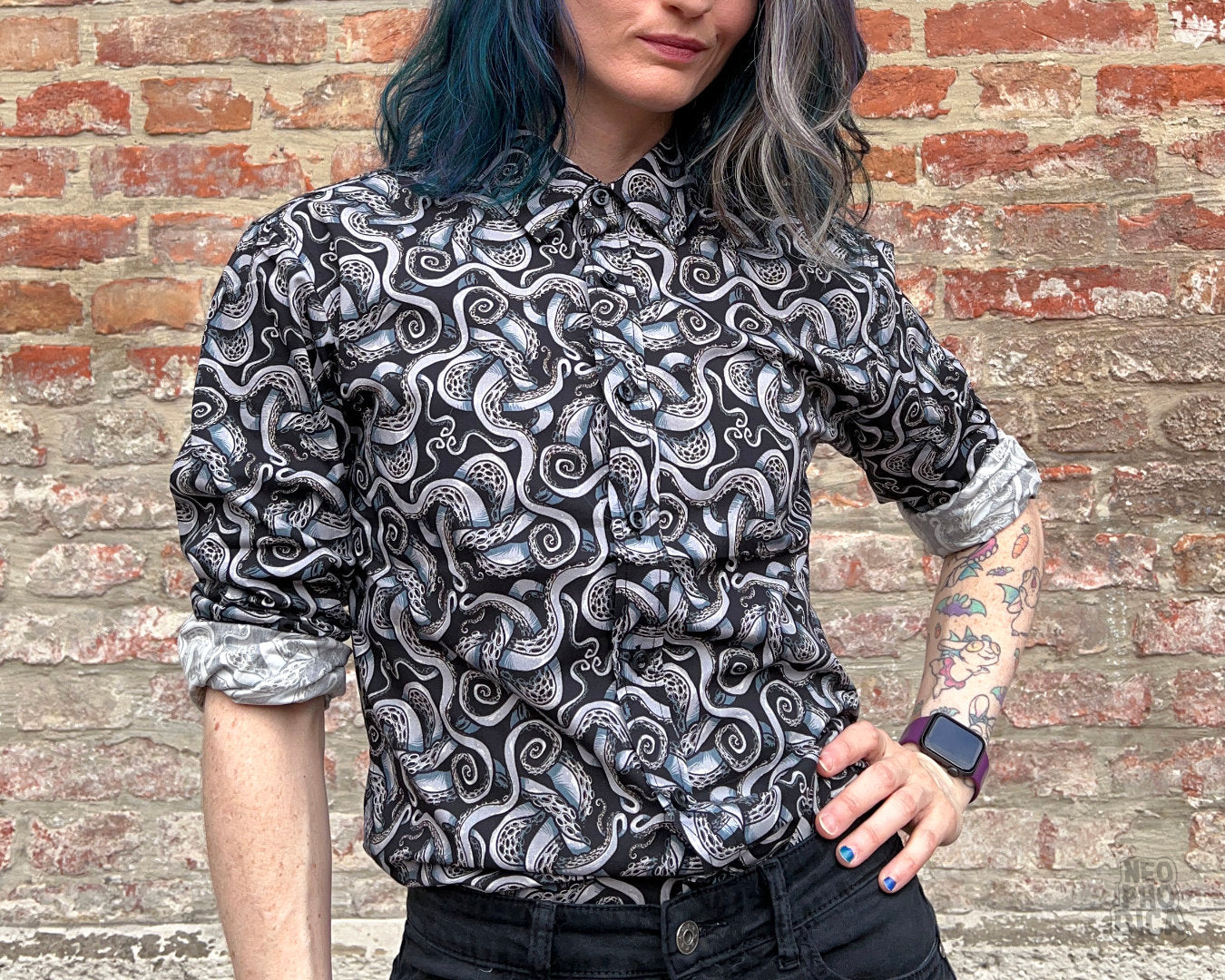 Tentacles Obsidian - Button Up Shirt Long Sleeve