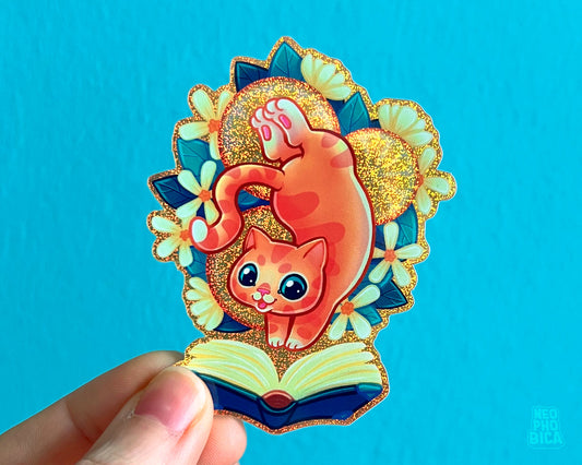 Orange Story-Diver Cat - Glitter Sticker