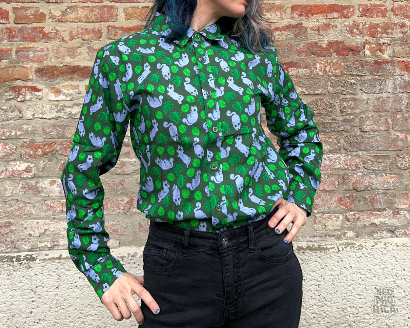 Monstera Blue - Button Up Shirt Long Sleeve