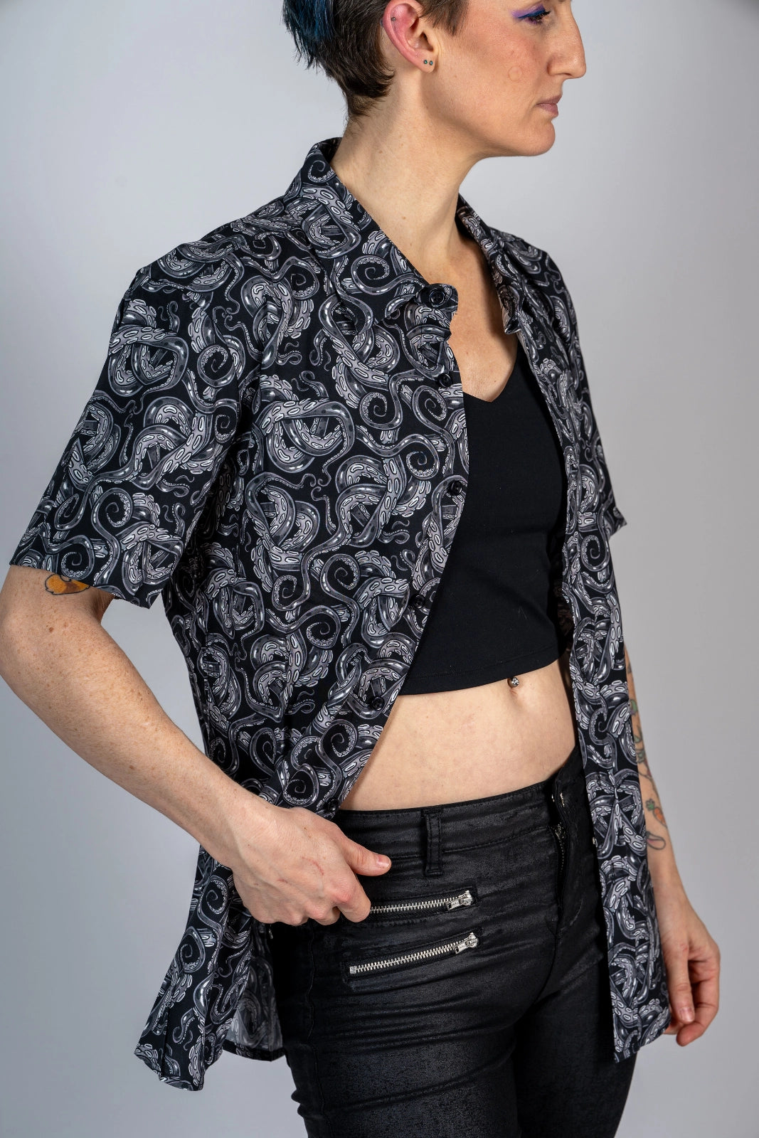 Obsidian Tentacles | Button Up Shirt with Rounded Hem