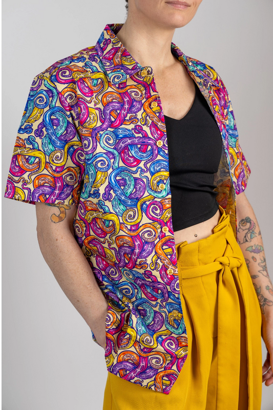 Rainbow Tentacles | Button Up Shirt with Rounded Hem